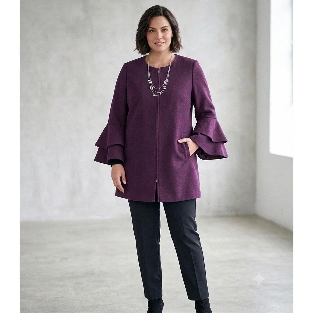 Alfani Womens Plum Purple Bell Sleeve Zipper Jacket Coat Sz M